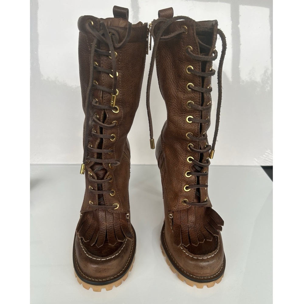 Tory Burch Trigg Brown Leather Rugged Stilleto Heel Kiltie Fringe Boot Size 9.